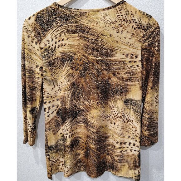 Women's Emily Daniels Black & Brown with Gold Shimmer Abstract Print Top Size S - Picture 7 of 10
